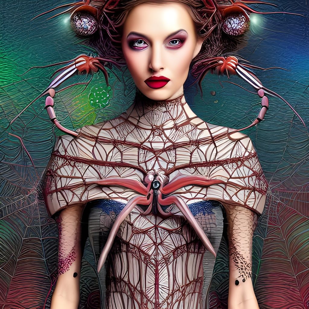 Whimsical Woman in Spider Dress: Fantasy Digital Art