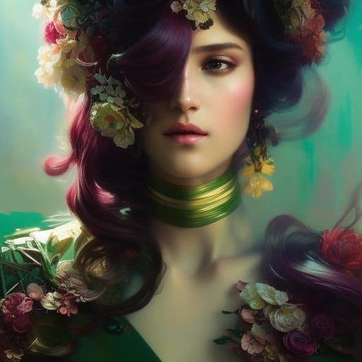 Beautiful woman, modern masterpiece, jewellery, floral fabri...