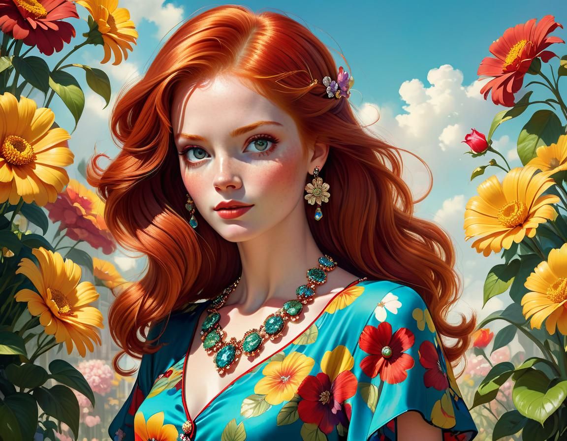 Insanely Detailed Full-body Color Portrait Of Gorgeous Redhead Woman 