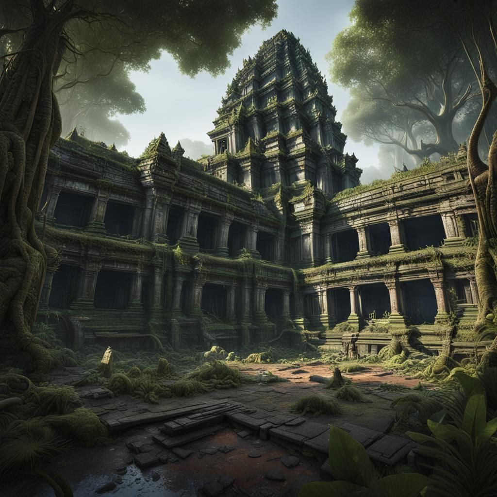 Massive post apocalyptic Angkor Wat overgrown with jungle and vines.