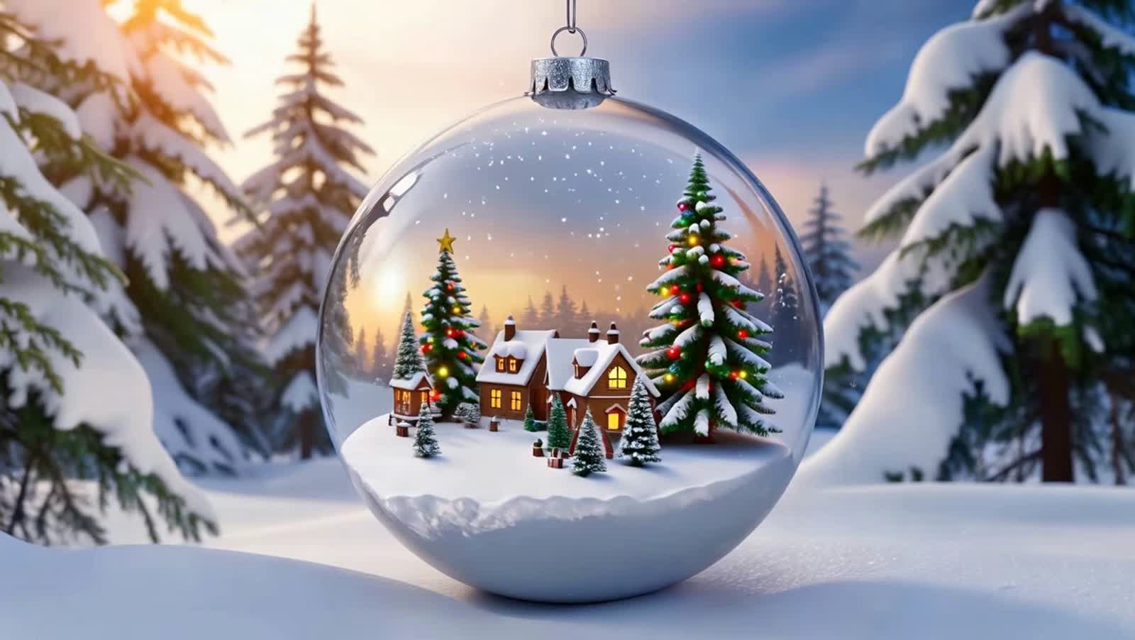 Doppelbelichtung: : Im Wald liegt ein Weihnachtskugel aus Glas,schnee bedeckt, im Inneren der Weihnachtskugel ist ein kl...