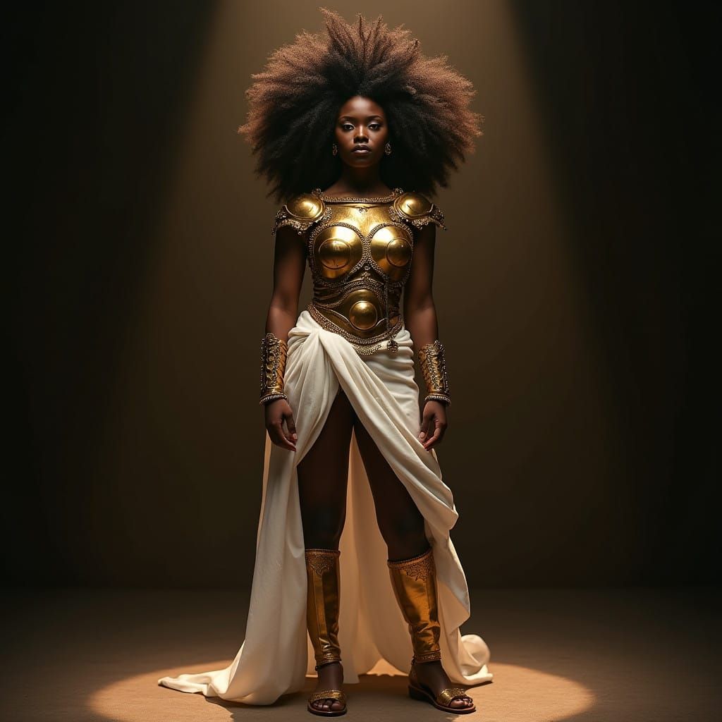 Vibrant Gladiator Goddess in Golden Armor