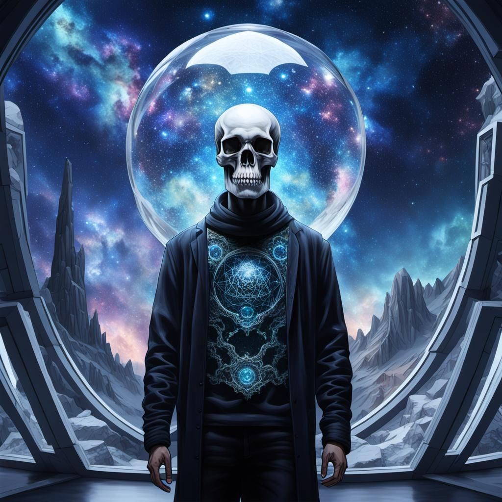 Skull faced man in a crystal galaxy dome with a fancy room h...