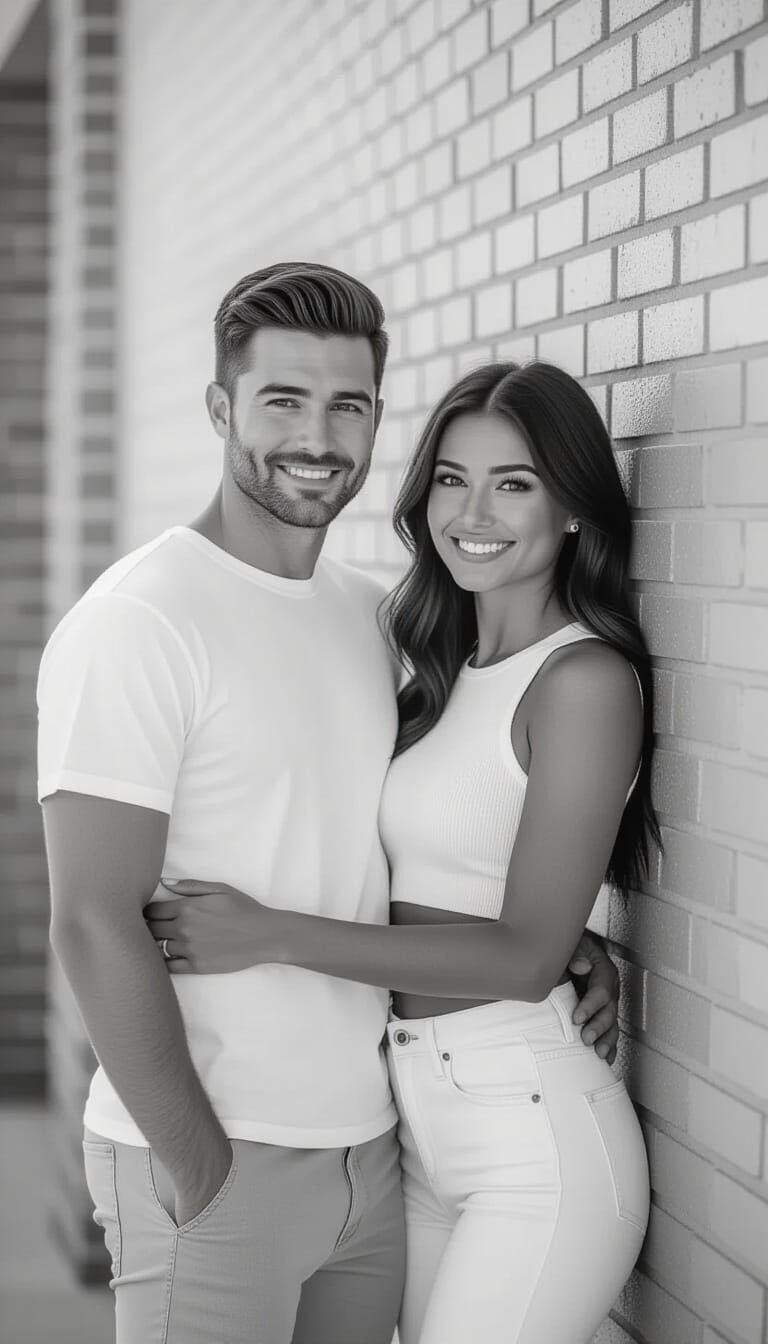 Cinematic Film Still of Young Couple by Brick Wall