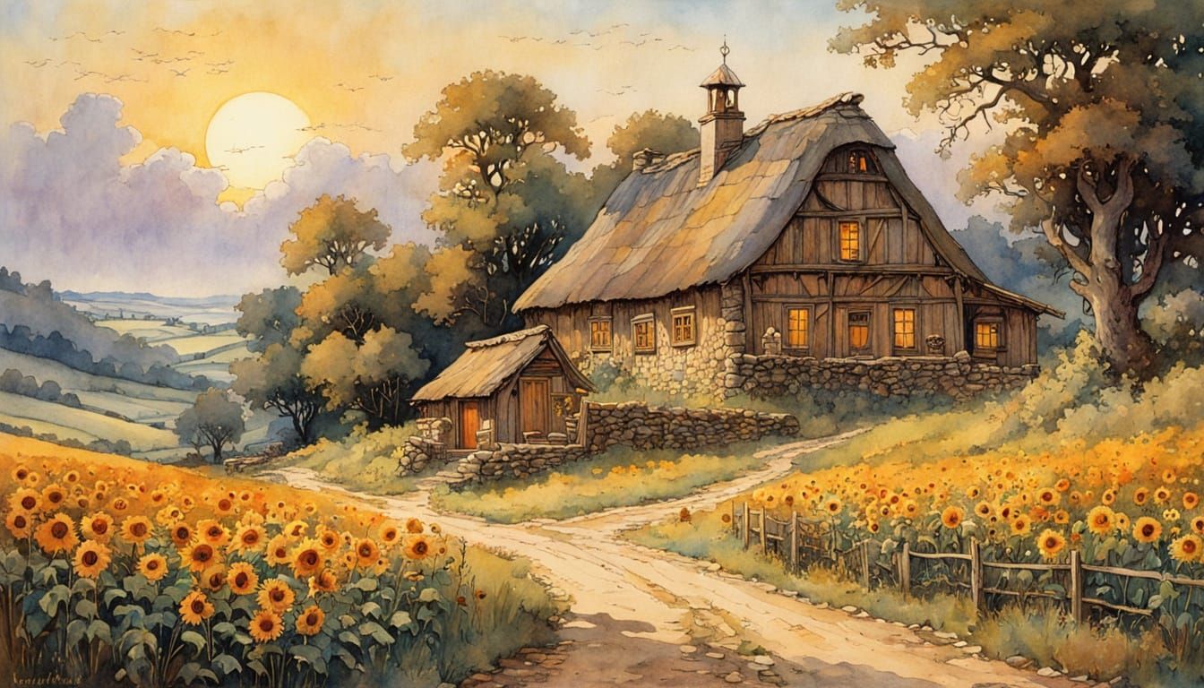 Wallachian Village Sunset in Renaissance Ethereal Style