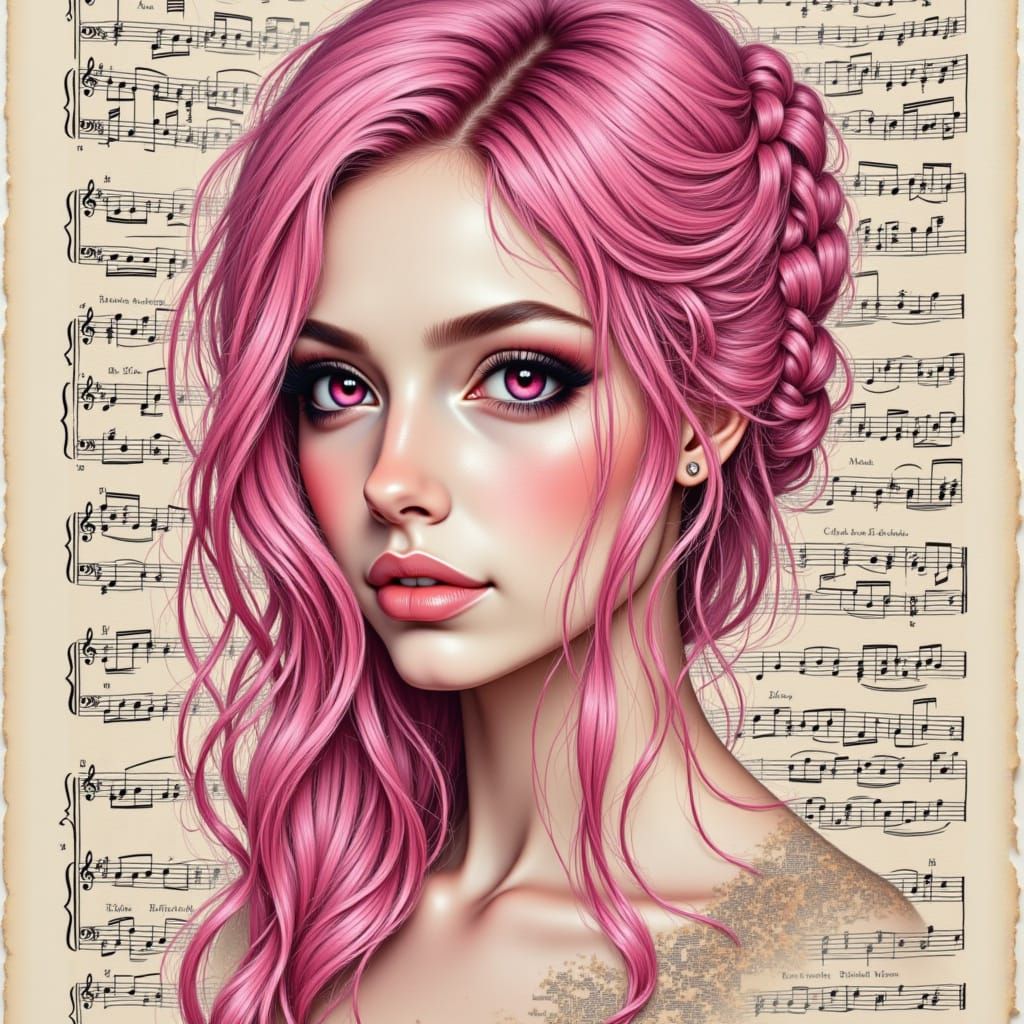 <lora:PaperMusicVibes:1.0> Pink hair beauty portrait script music musical score intricate paper borders mixed media