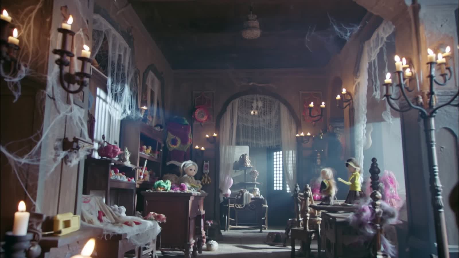 Haunted toy shop 
Slow pan though a dusty toy shop filled with cobweb-covered shelves,
Broken dolls blinking slowly,
Fli...