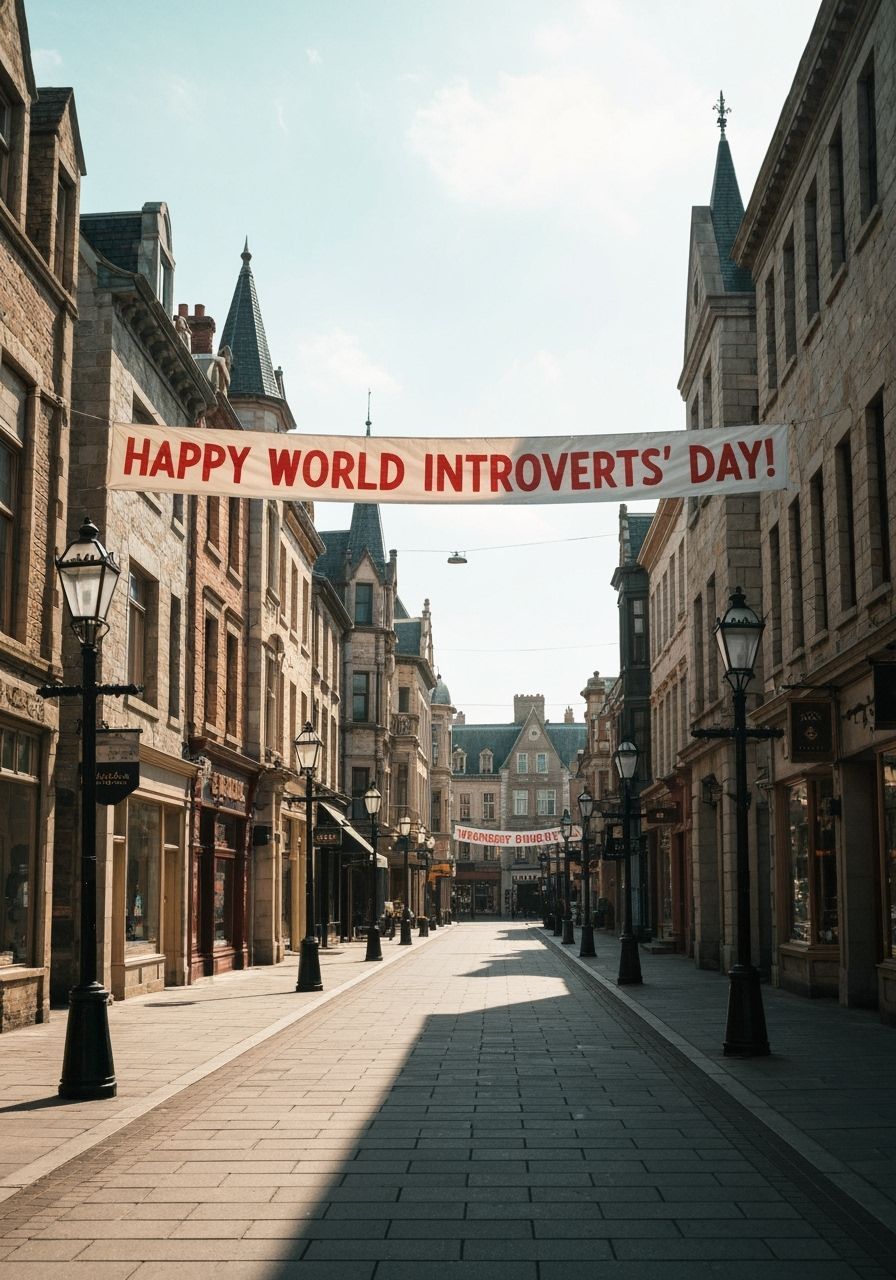 Sun-Drenched Main Street With Happy Introverts Banner
