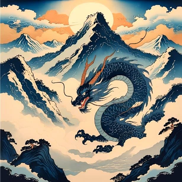 Drache im Stil des japanischen Holzschnitts
