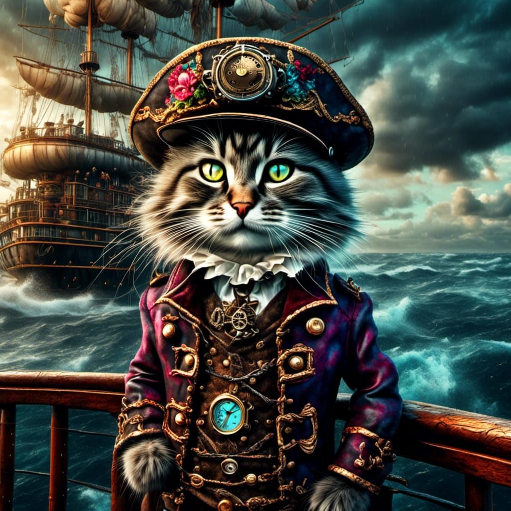 Steampunk Cat Pirate on deck, stormy sea