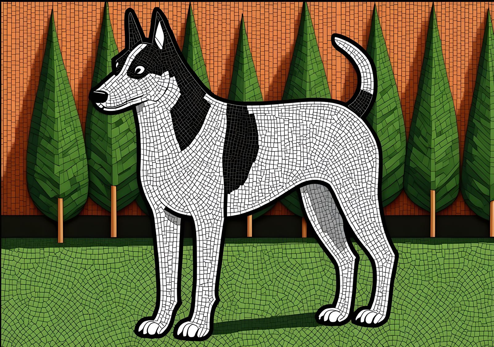  <lora:Digital-Art Mosaic:1.0> , happy dog mosaic, lawn, picket fence