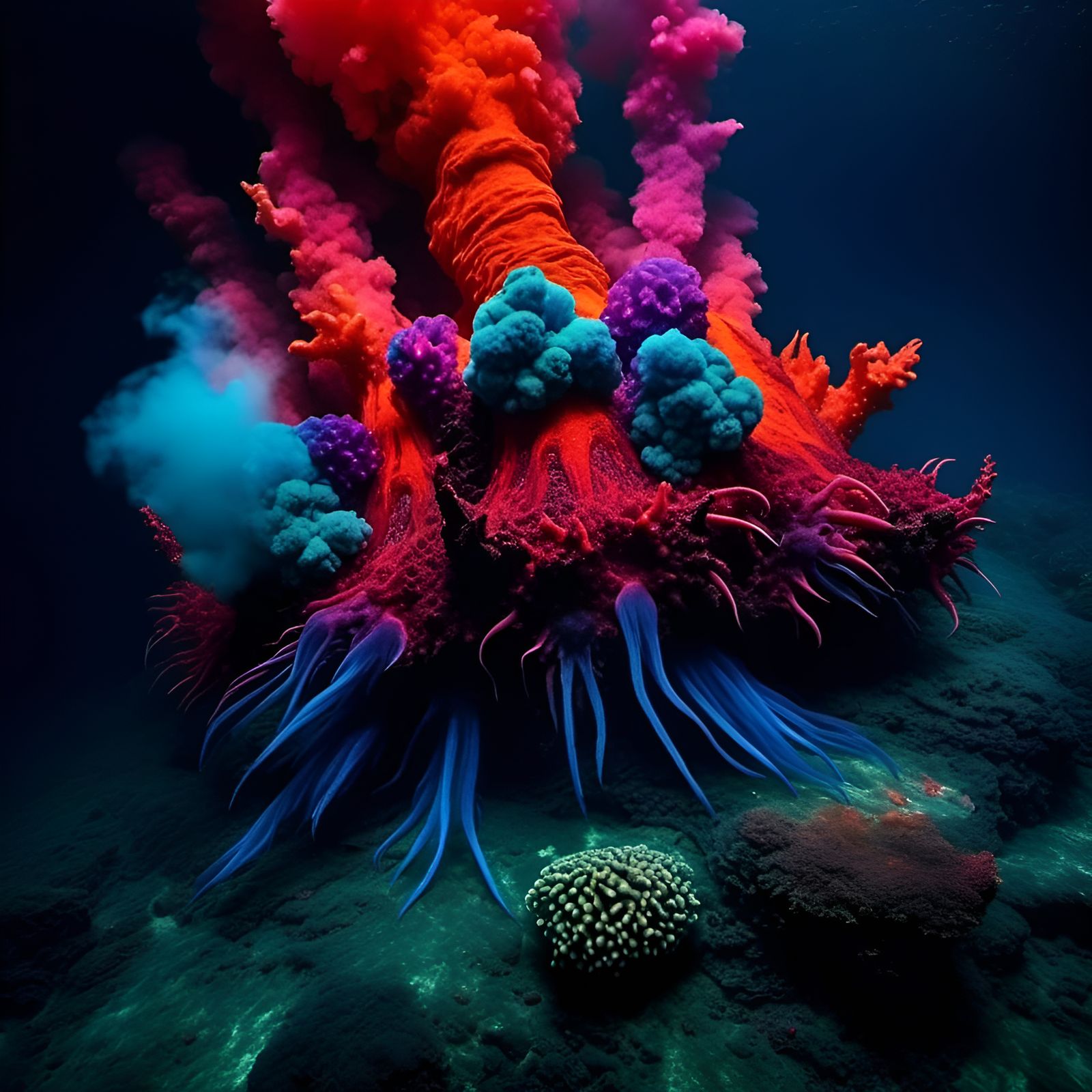 In an undiscovered crevice in the Mariana Trench, new forms of life blossom around a hydrothermal vent.  by @Jeff Brock