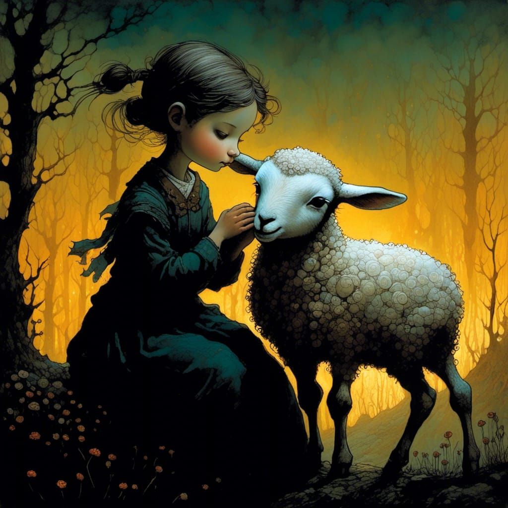 The little girl caresses her sweet lamb, beautiful morning l...