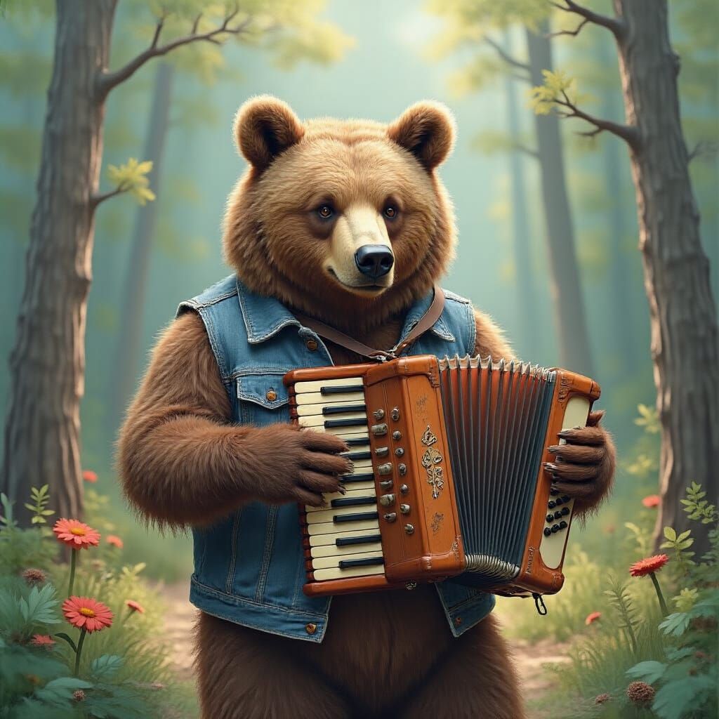 Brown bear playing accordion in the recording studio