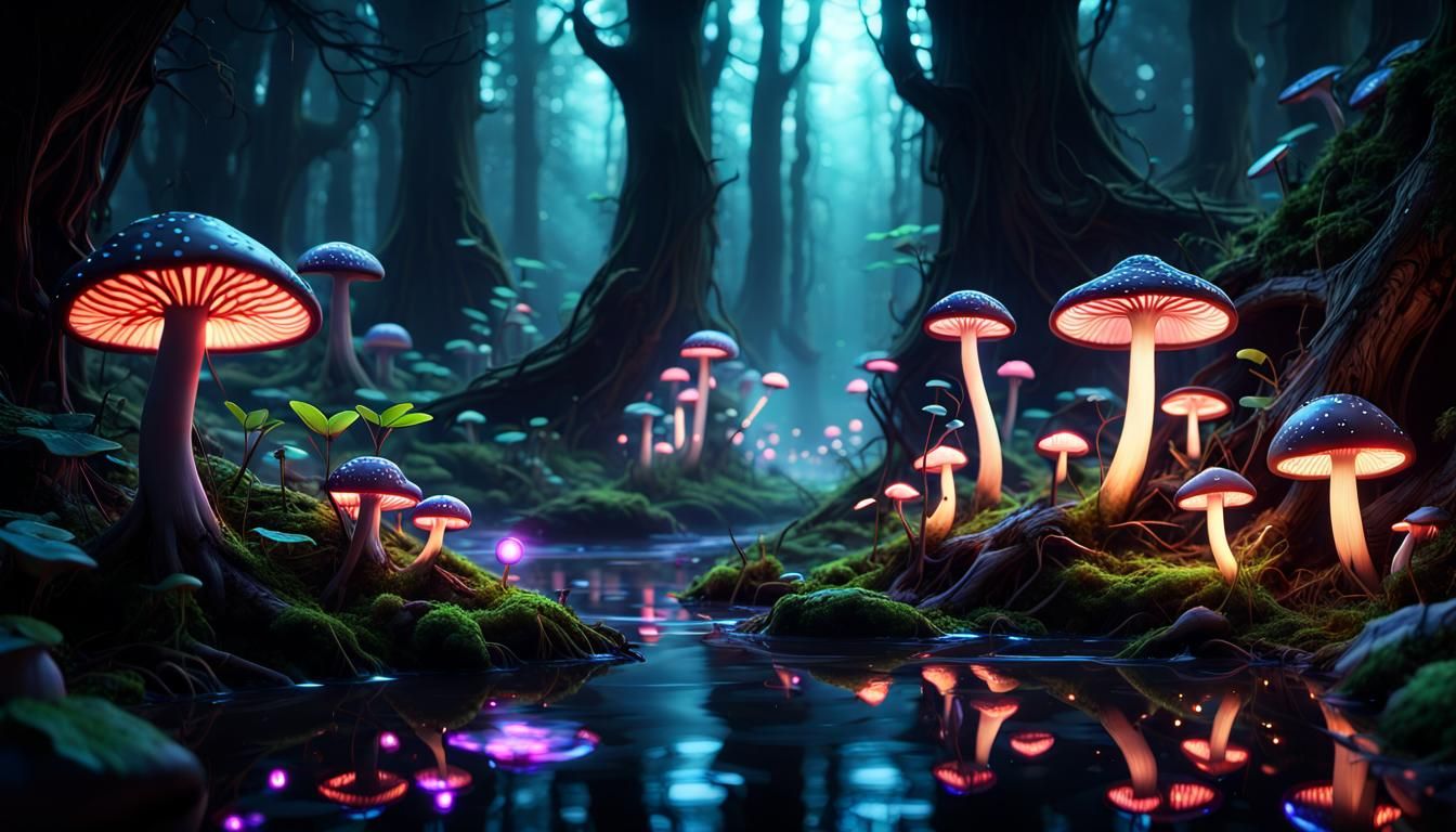 enchanting dark fantasy forest, glowing mushrooms. A river is running through it. Whispering winds that ...  by @LilGrumpy Pants