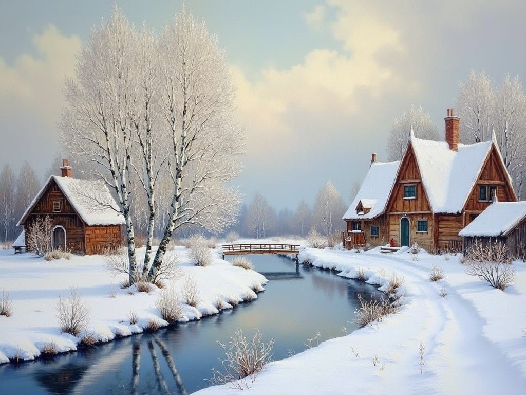 <lora:classical painting:1.0> A snow-covered single birch tree with sparkling icicles near a small river in an old village,landscape,high de...