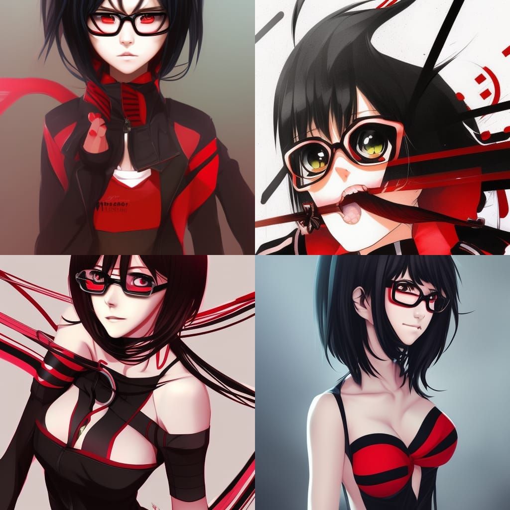 Attractive woman with short black and red stripes , red eyes...