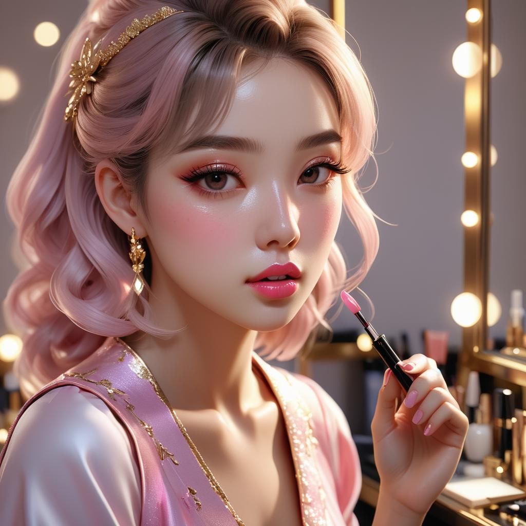 A young woman puts on pink lipstick 3.