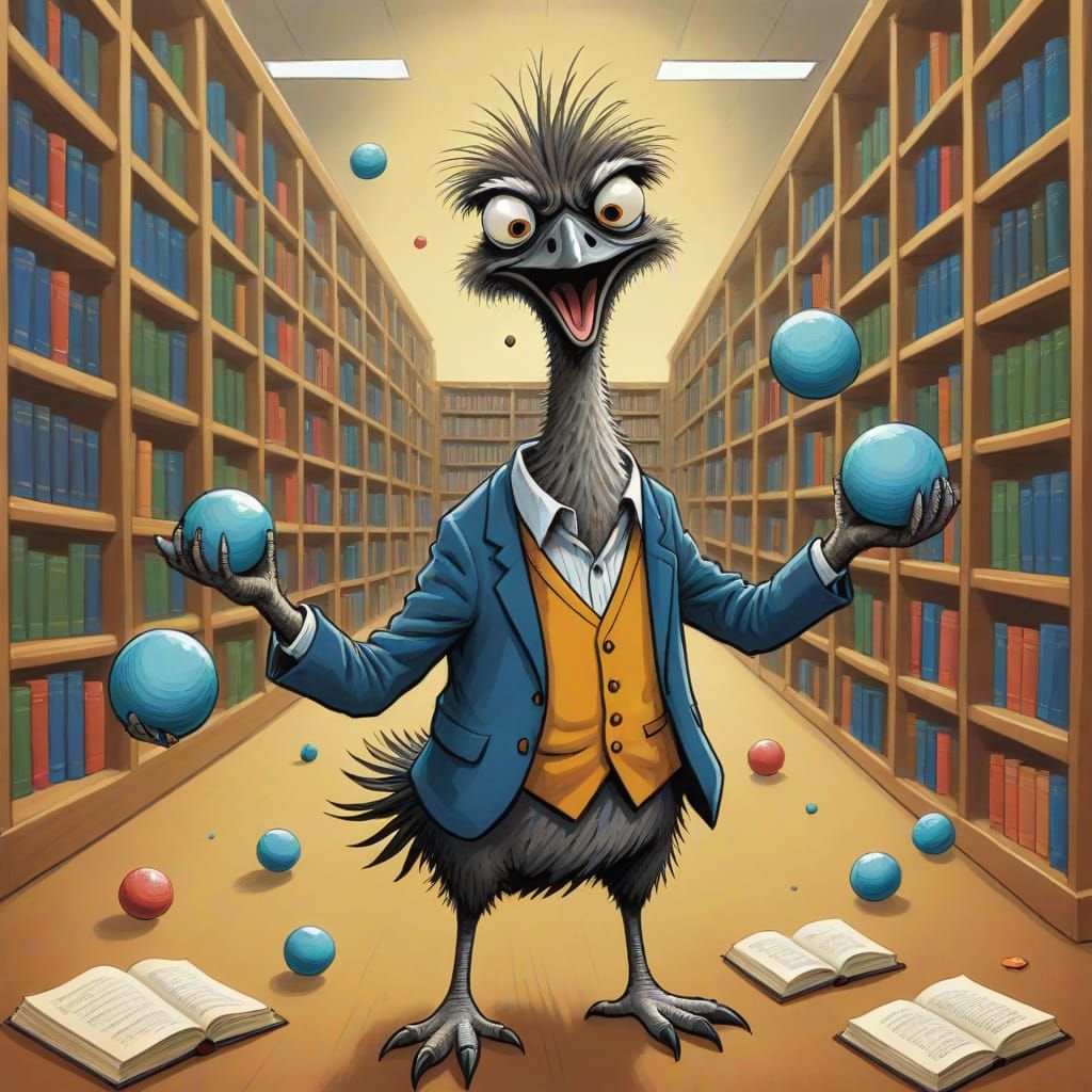 Crying emus juggling in Library 