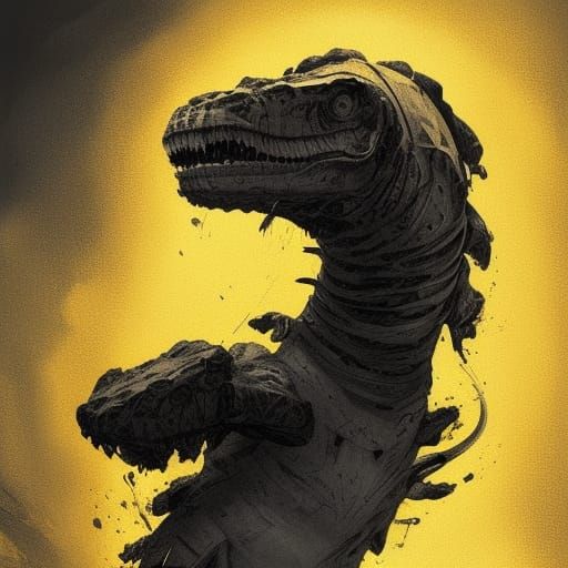 black white and yellow, t rex on the moon