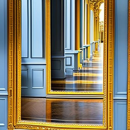 Wall of mirrors, reflecting illusions, intricately detailed mirrors