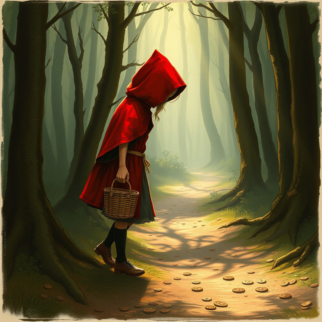 Little Red Riding Hood in Misty Forest, Illustration