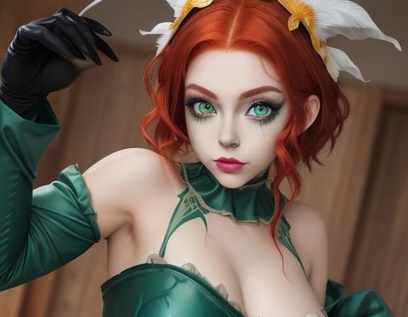 cute iris costume and makeup oily green eyes red hair huge