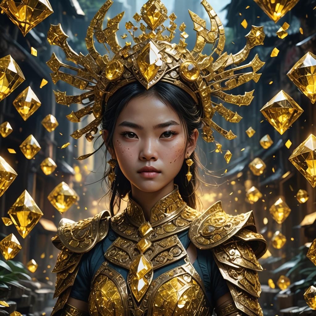 18 year old Vietnamese woman as the sparkling glittering yel...