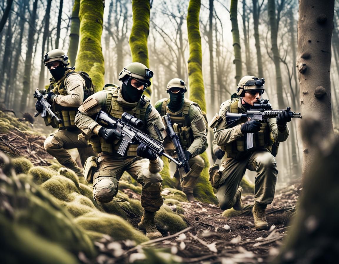 team of elite special ops, in full tactical special ops equipment ...