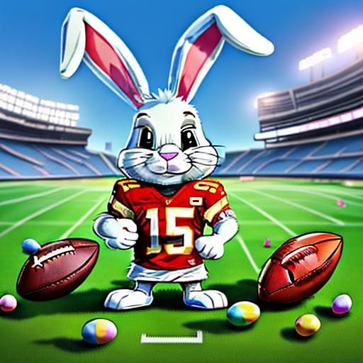 <lora:cuteness:1.0> Cartoon Easter Bunny wearing a Kansas Ci...