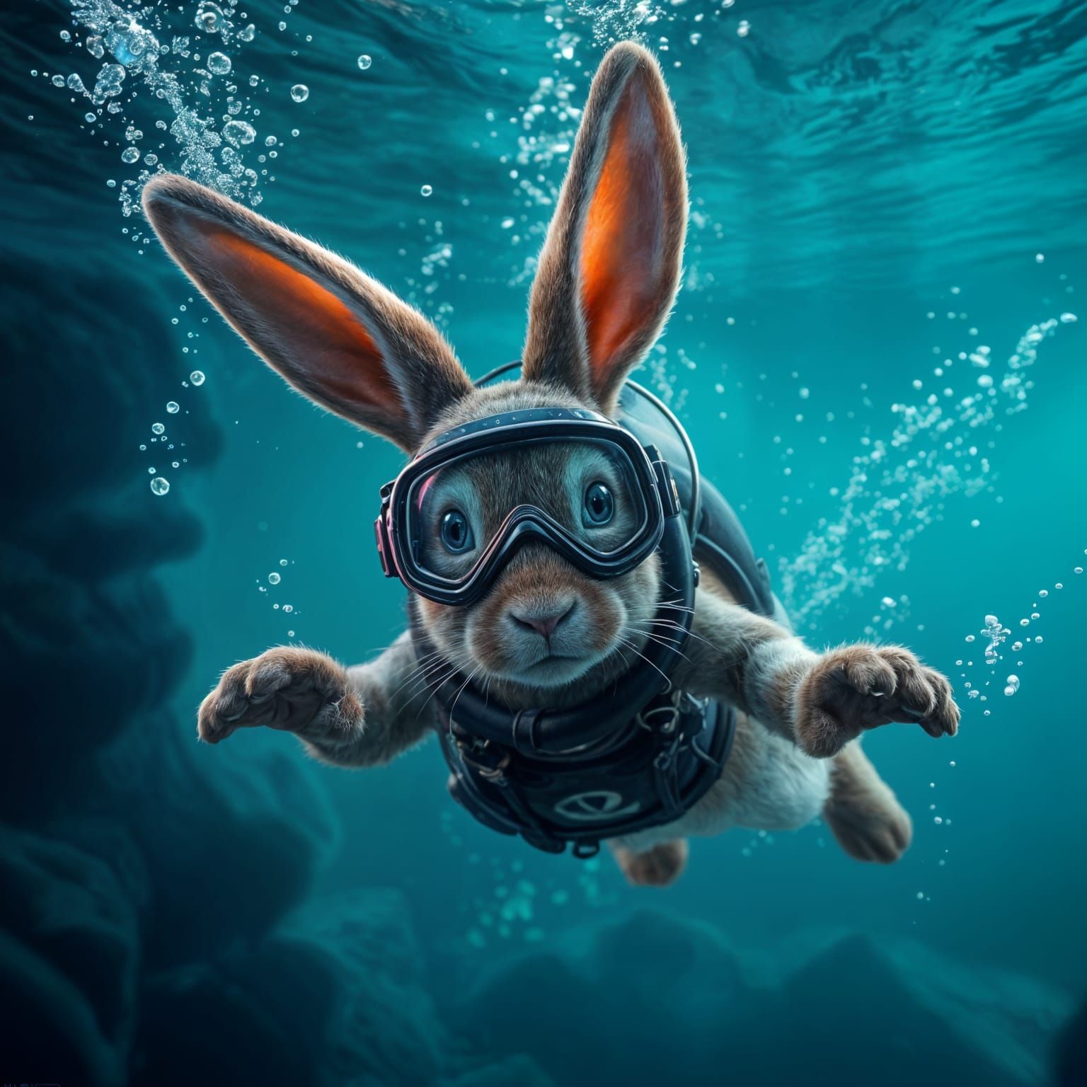 a bunny underwater in full diving gear  by @Wahnfryd