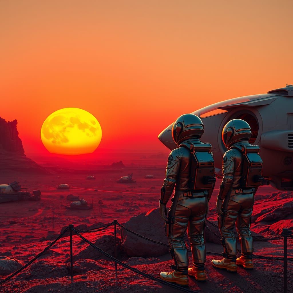 "A futuristic spacecraft landing on Mars colony, astronauts watching the sunset, hyperreal 8K"



