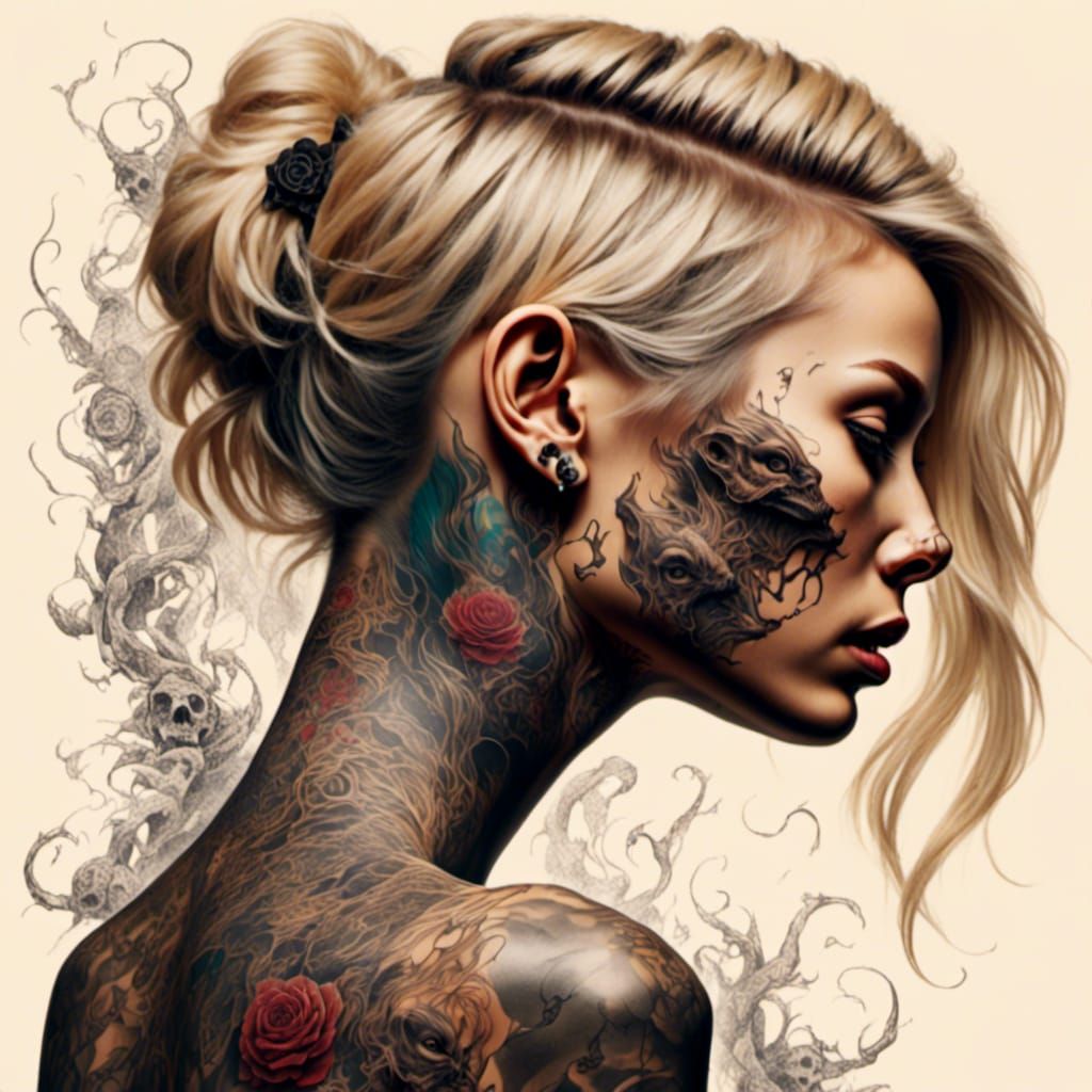 Portrait of a blonde female demon with tattoos peeling from their body, vivid animal  tattoos starts to peel and twist, shedding its two-dim...