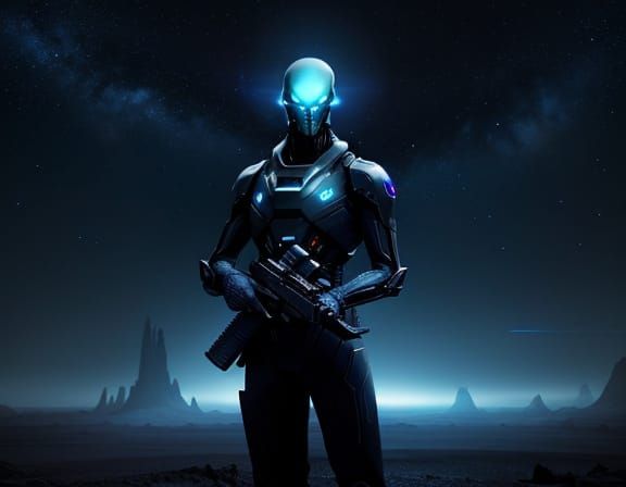 Alien with Rifle on Desolate Planet in Sci-Fi Style