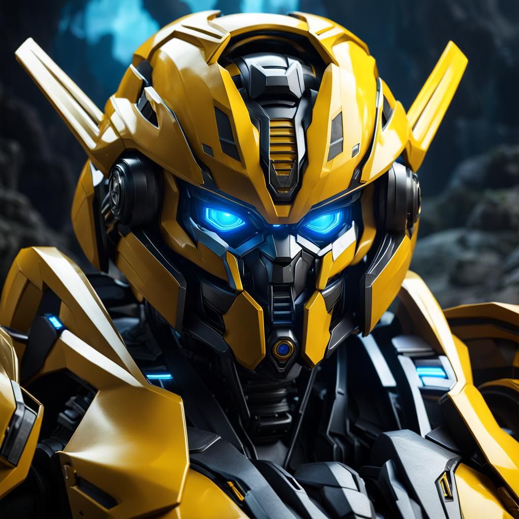 An yellow bumblebee transformer with Blue eyes, yellow futur...