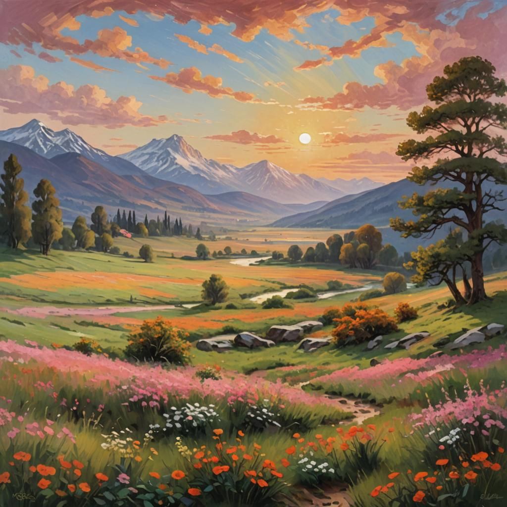 Idyllic landscape in the style of Monet, Bierstadt, and Shis...
