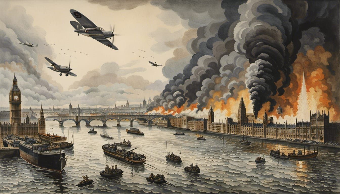 A representation in watercolour of London during The Blitz WW2 - AI ...