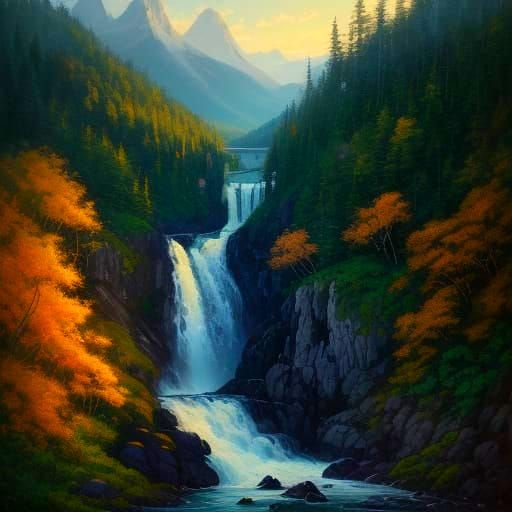 Man Standing on Mountain with Waterfalls and Deer, Oil Paint...