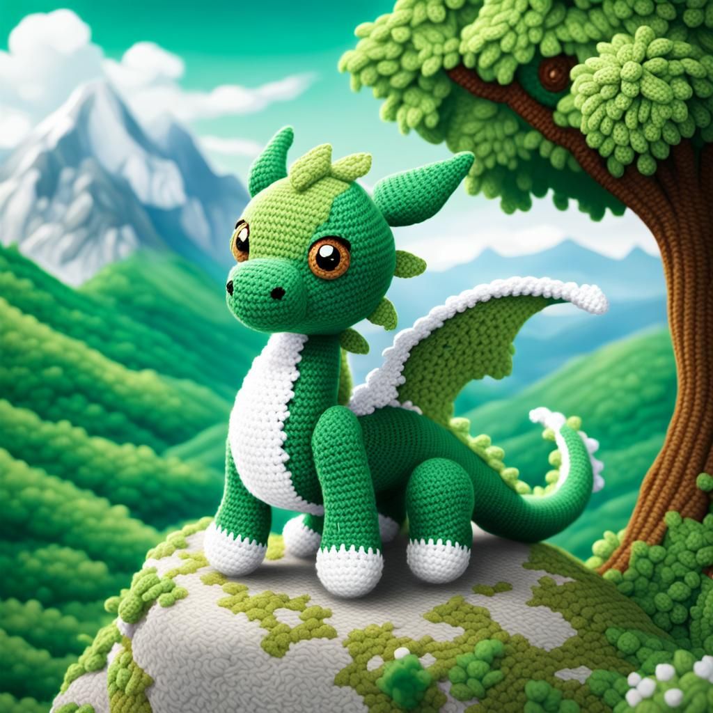 cute crochet dragon in chrochet mountainlandscape  by @Diellys