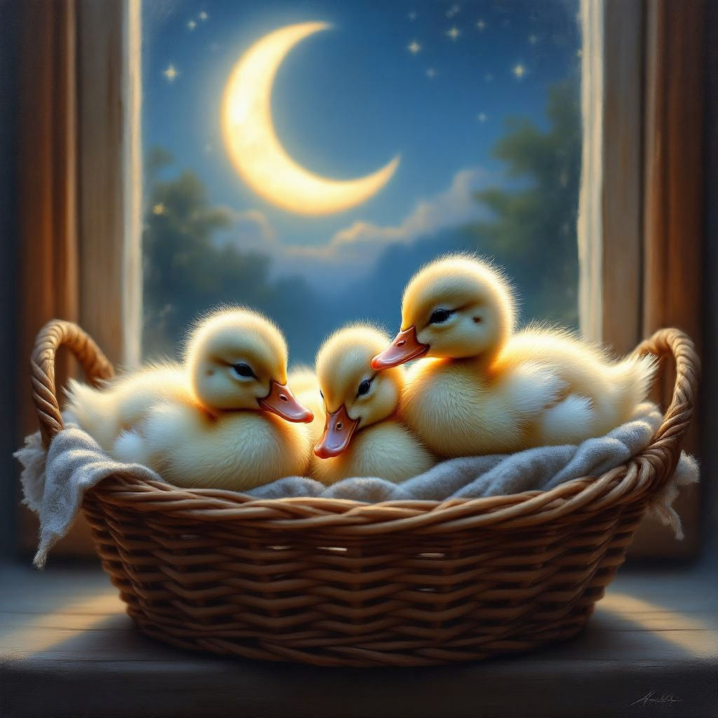 White baby ducks in a basket sleeping