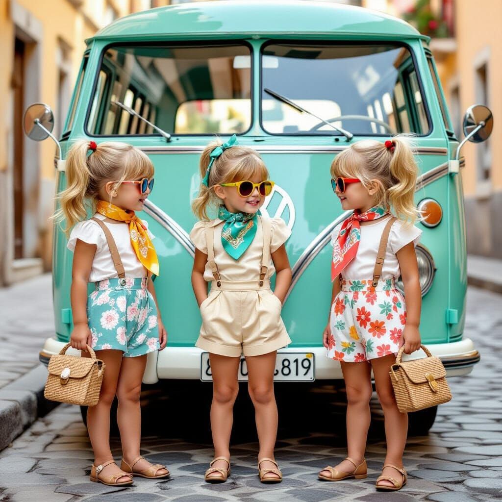 Children Play by Vintage Bus in 1960s Style