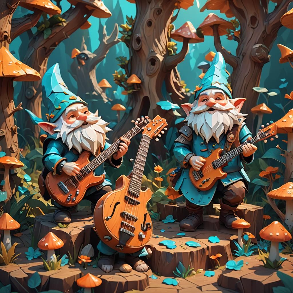 Gnomes Play Gigantic Guitar in Low-Poly Fantasy Art