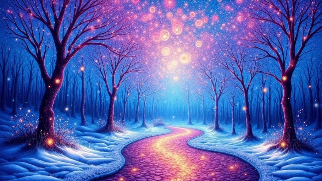 Magical Winter Forest at Night Alcohol Ink Art