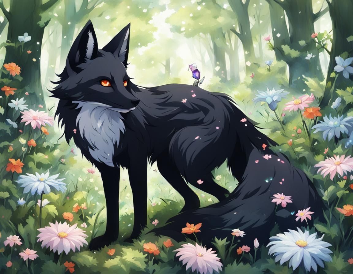 Black Fox in flowers - AI Generated Artwork - NightCafe Creator