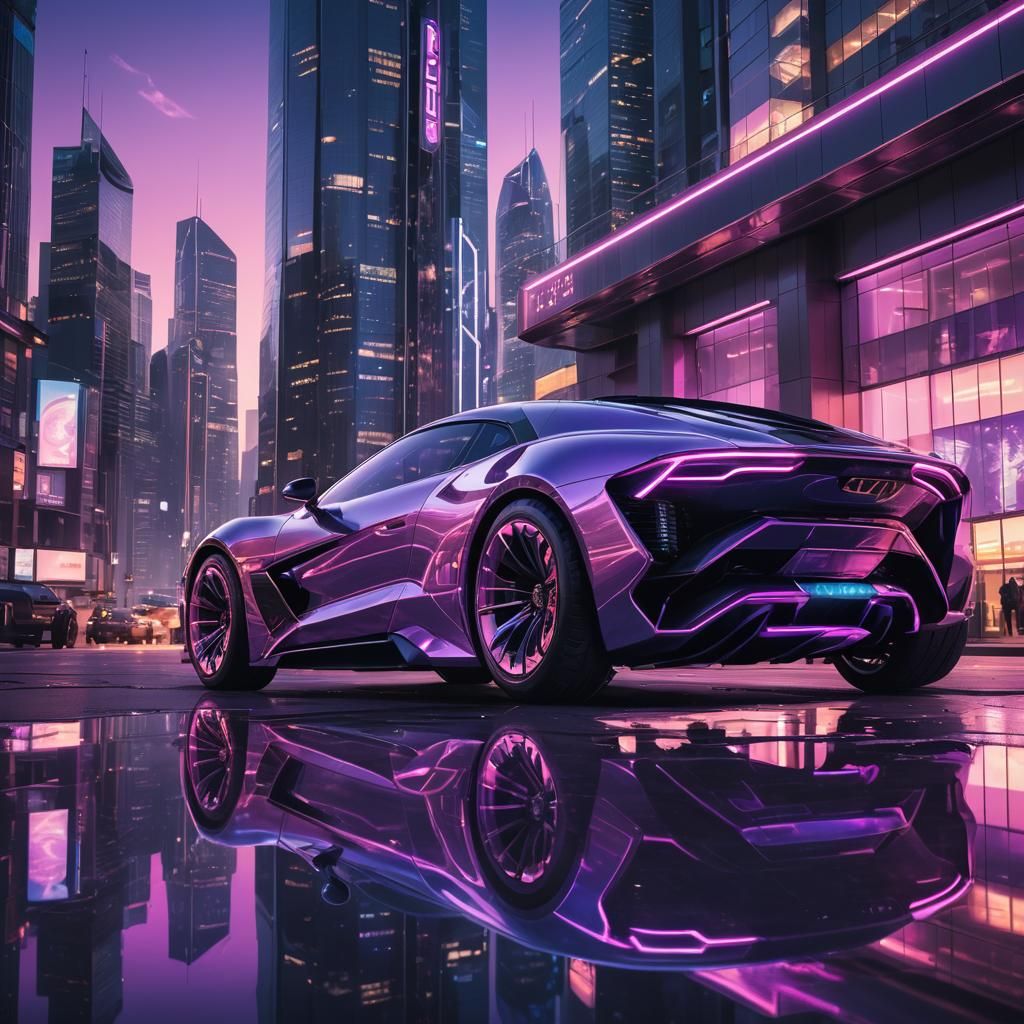 Luxury Vehicle on Skyscraper in Neon Cityscape