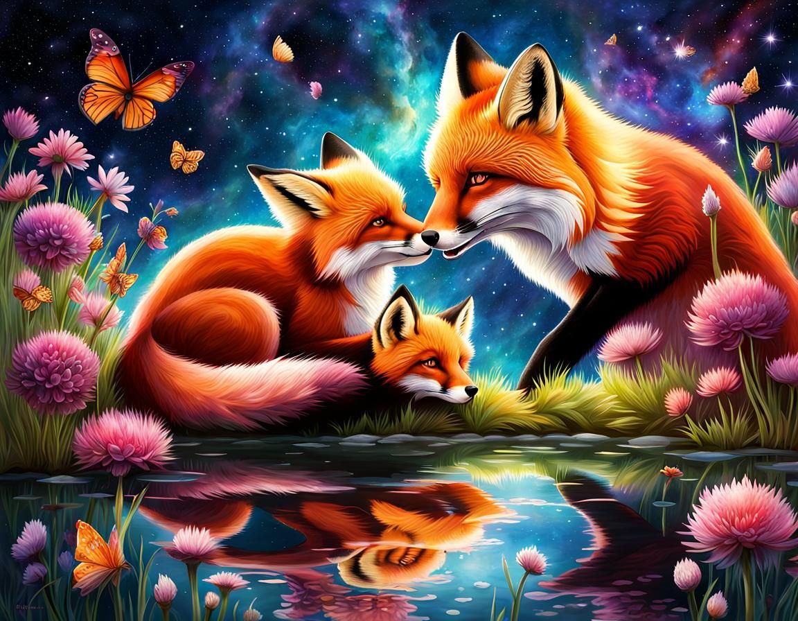 Mom and baby foxes in flowering meadow - AI Generated Artwork ...