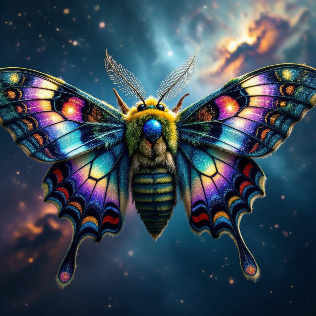 A colossal, hyper-detailed, majestic Celestial Weaver Moth, viewed in a dramatic close-up (medium shot) from below. The moth's head and thor...