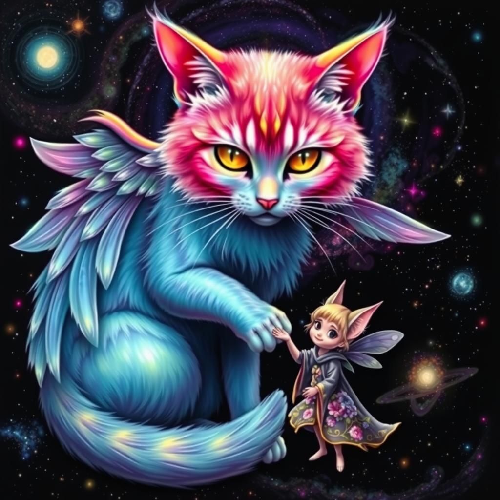 Psychedelic black cosmic zen  cat angel  on the background, ...