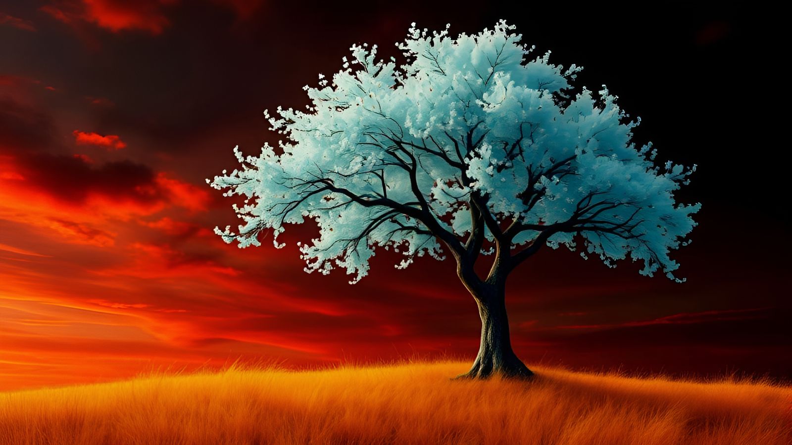 Mahogany sky, aquamarine tree with pearlescent leaves, burnt orange grass  by @Brooky