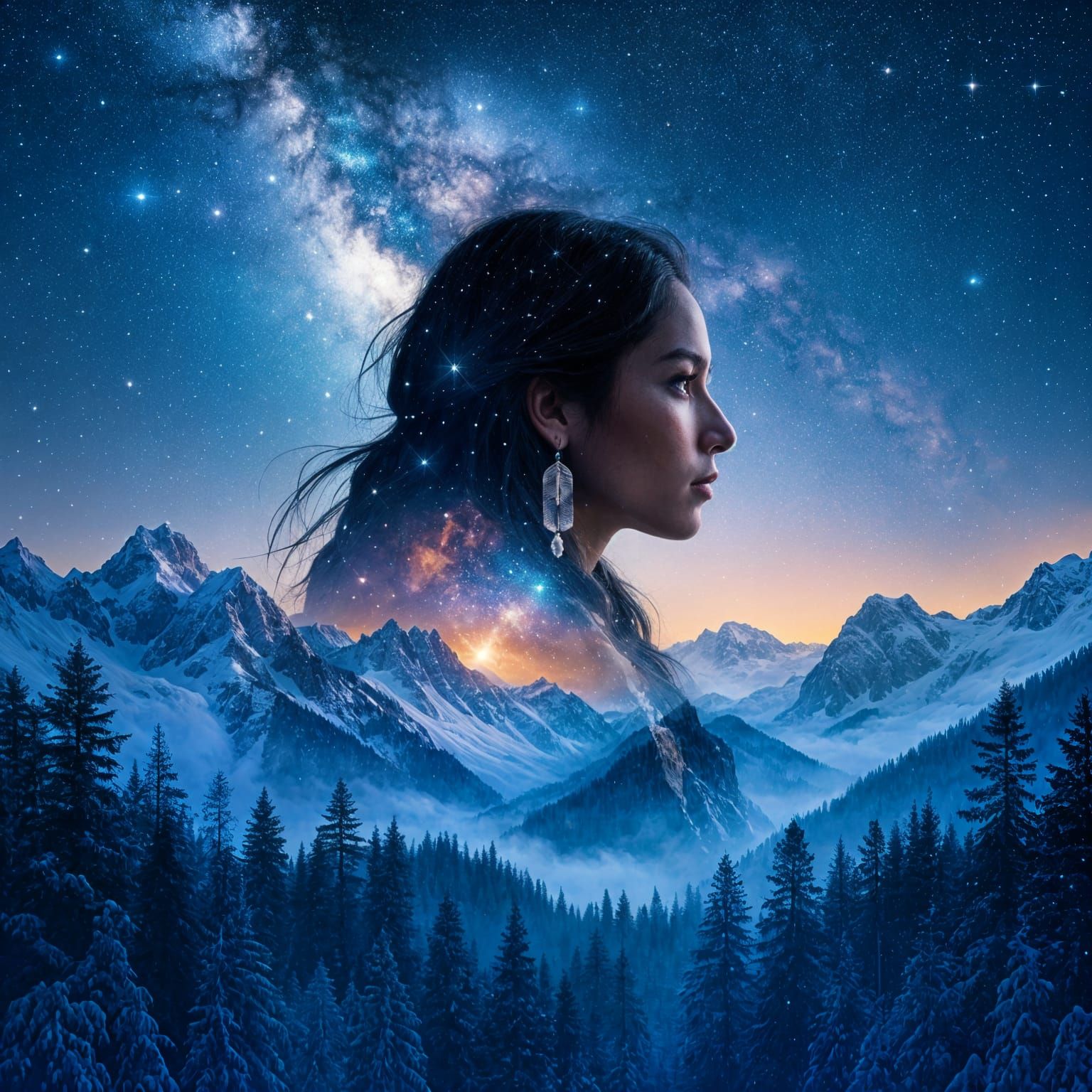 a snowy mountain forest under an endless, starry sky.  A silhouette of a native American ...  by @Tilted25